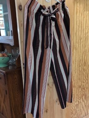 Striped Paperbag Waist Wide Leg Pants - Black, Cream & Brown